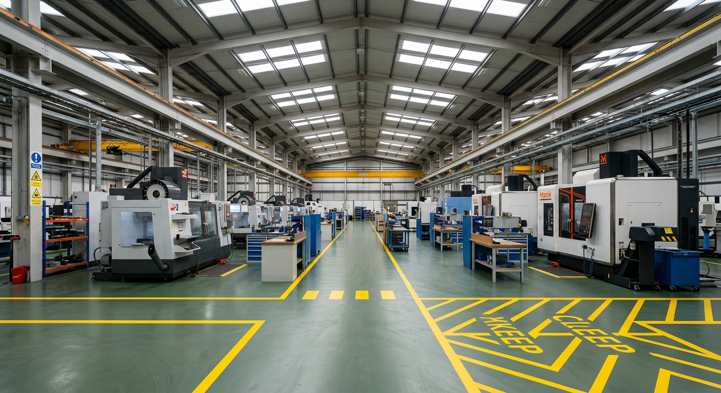 Nave industrial com pavimento epóxi e vias pedonais marcadas
