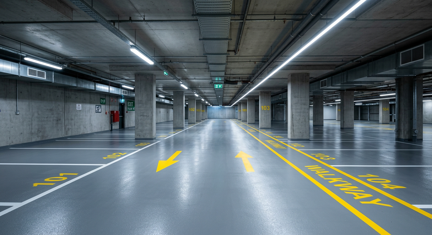 Parque de estacionamento com marcações no pavimento